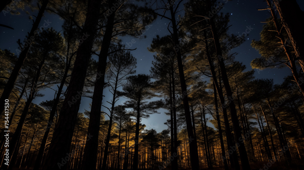 Fototapeta premium View of a pine forest at night with stars in the sky