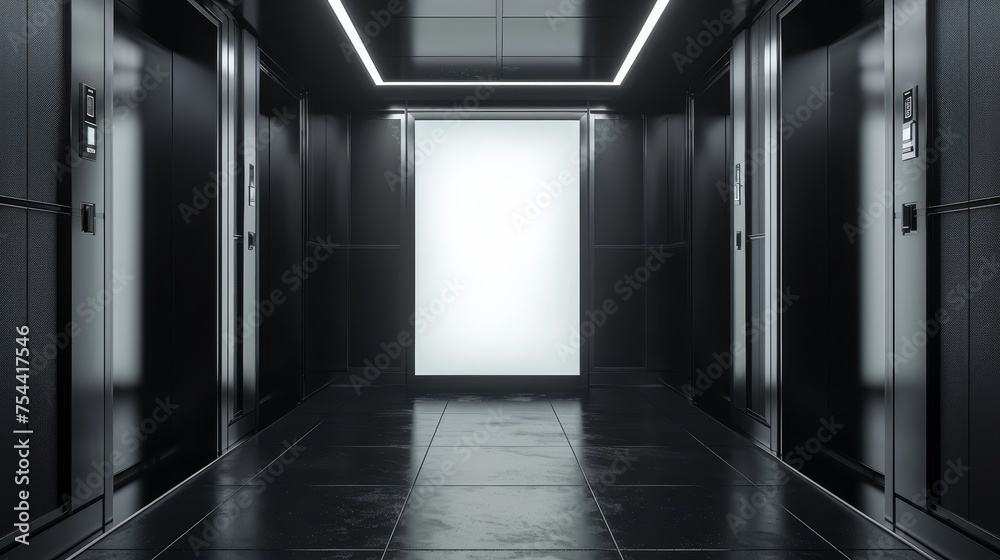 Dark and futuristic server room corridor with a brightly lit end, invoking a sense of mystery and advanced technology.