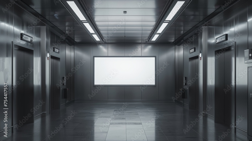 Sleek modern elevator lobby with a central blank advertising billboard, reflective metallic surfaces and overhead lighting.