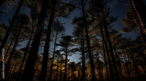 View of a pine forest at night with stars in the sky