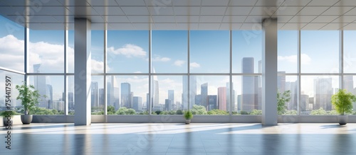 A spacious  modern office room devoid of furniture or people  featuring floor-to-ceiling windows that offer a panoramic view of a bustling cityscape. The room is bathed in natural light 