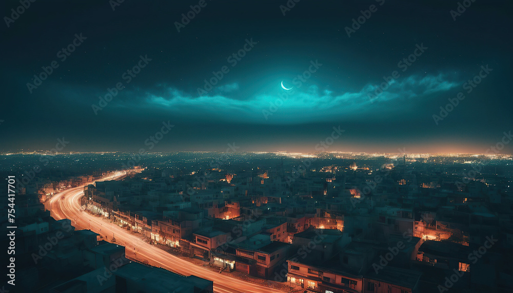 Fototapeta premium Night city view with a crescent moon and the city lights.