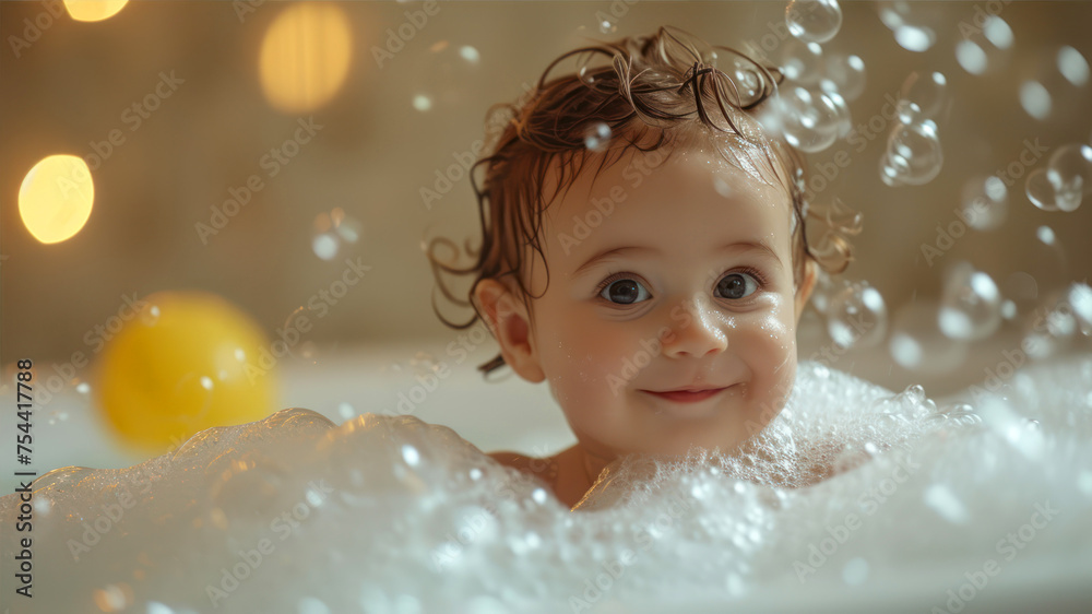 Cute little baby bathes in a bathtub with foam and bubbles. Cute little baby bathes in a bathtub with foam and bubbles.