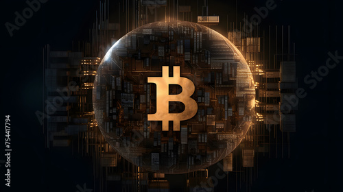 bitcoin symbol on a dark background in an abstract form stock fotografic photo