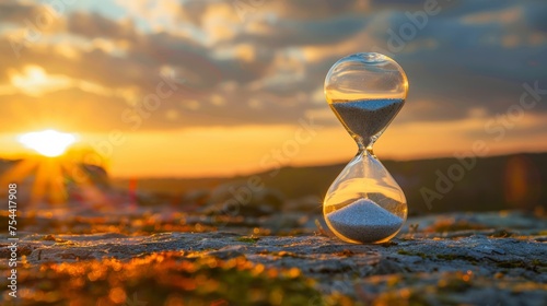 Hourglass counts the length of time against the background of the evening sun