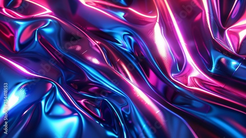 A dark, shiny metal with neon blue and pink texture.