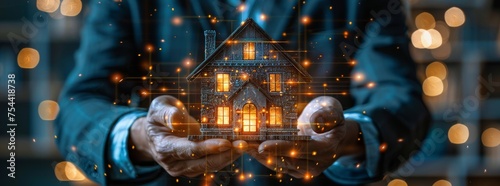 Hands cradling a digital representation of a house enveloped in a network of glowing connections, symbolizing real estate security and connectivity. © DailyStock