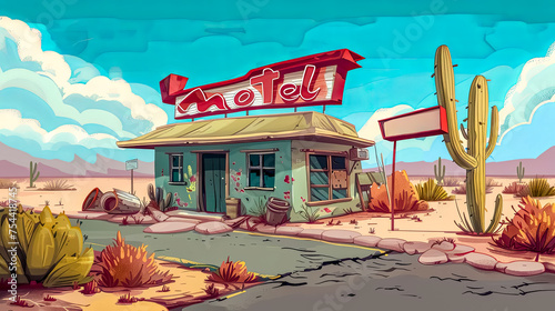 Colorful illustration of a quirky, abandoned motel in a desert setting with cacti and a clear sky