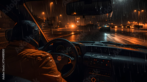 the driver is driving at night in the rain © Oleksandr
