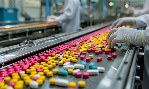 pills on production line in pharmaceutical factory with person sorting