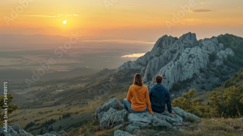 Man and women overview sunset landscape in Crimea mountain © Sasint
