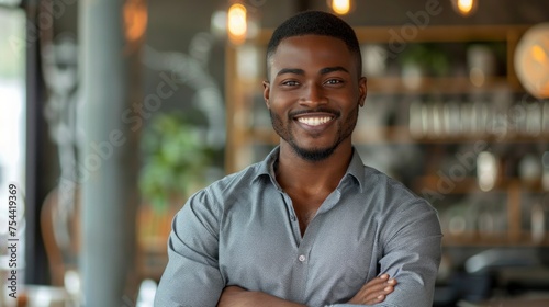 Handsome unshaven young dark-skinned male laughing out loud at funny meme he found on internet, smiling broadly, showing his white straight teeth. Positive human facial expressions and emotions photo