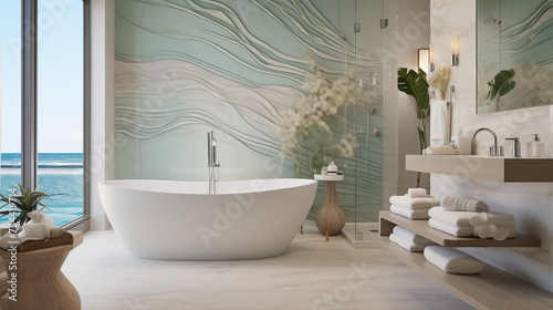 Coastal-themed bathroom with an intricately tiled accent wall featuring seashell patterns  creating a uniquely serene beachside retreat