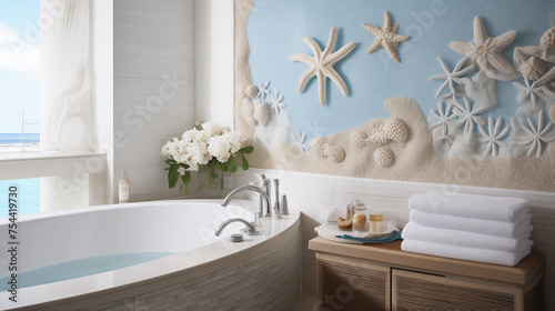 Coastal-themed bathroom with an intricately tiled accent wall featuring seashell patterns  creating a uniquely serene beachside retreat