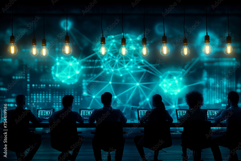 Group of people working together on a project using technology Group of people working together on a project using technology