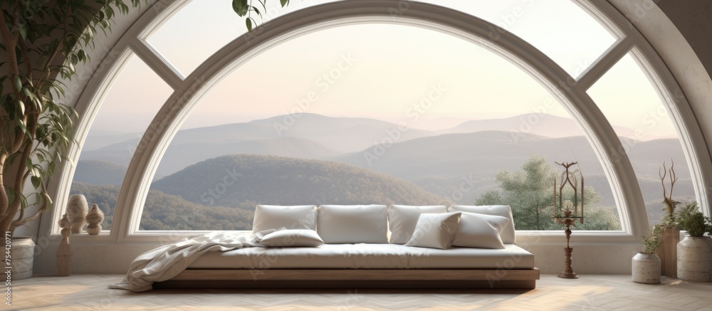 Fototapeta premium A well-furnished living room filled with various furniture pieces such as a sofa, coffee table, armchairs, and a bookshelf, all illuminated by natural light streaming in from a large window.