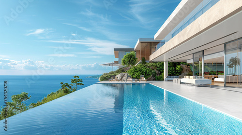 A luxurious modern building with a sleek swimming pool and spacious terrace overlooking the serene sea in the backdrop Perfect for a family vacation Closeup © losee
