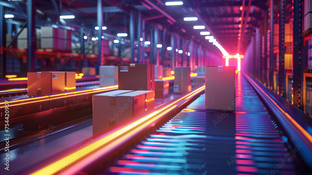 The image showcases a high-tech automated warehouse with a conveyor belt illuminated by vibrant red and blue lights, transporting cardboard boxes.. The image showcases a high-tech automated warehouse with a conveyor belt illuminated by vibrant red and blue lights, transporting cardboard boxes..