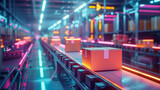 Contemporary warehouse interior with neon lights, where conveyor belts move packages efficiently through the space.
