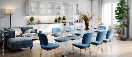 A dining room featuring a glass table surrounded by blue chairs, with grey fabric and blue velvet upholstery. In the background, there is a kitchen with white furniture.