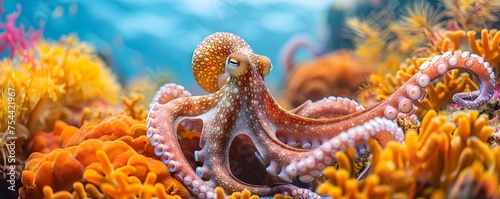 Octopus Camouflaging Against Coral Reef Image. Concept Underwater Photography, Ocean Wildlife, Marine Animals, Coral Reefs, Camouflage Techniques © Anastasiia