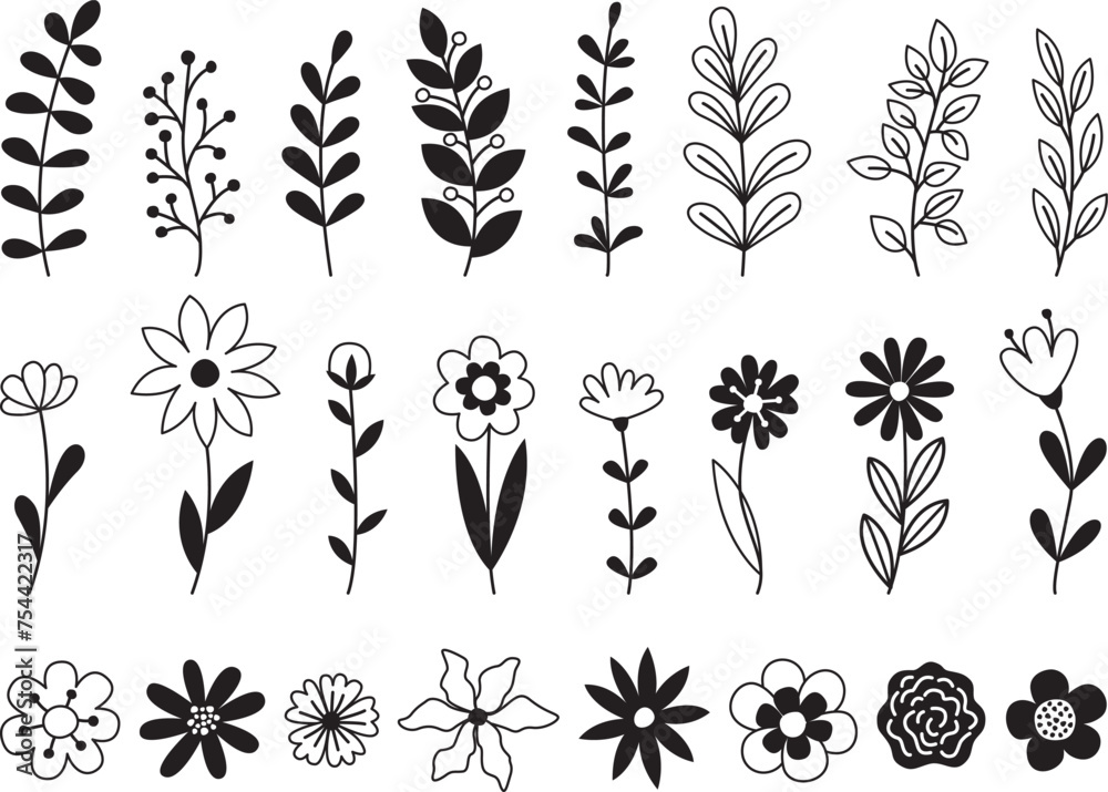 Vector set of various botanical elements in black and white. Collection of flowers and leaves.	 - obrazy, fototapety, plakaty 