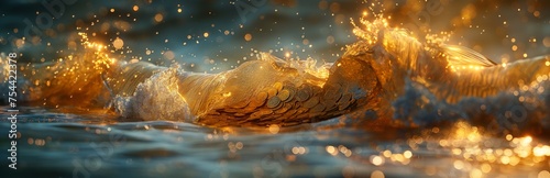 Golden coins rushing in gold waves. Gold coin money wave crypto sea