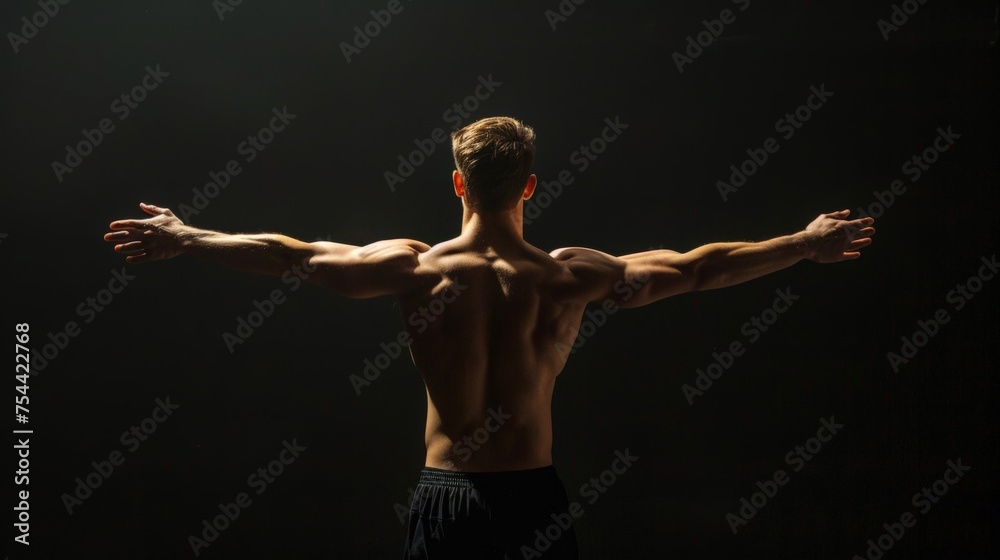 Rear view of healthy muscular young man with his arms stretched out isolated on black background Rear view of healthy muscular young man with his arms stretched out isolated on black background