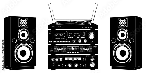 Analog Retro Audio System of vinyl player, audio cassette player, graphic equalizer, stereo amplifier and speakers. All devices are the separate objects. Vector cliparts isolated on white.