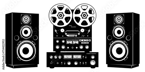 Analog Retro Audio System of reel to reel tape recorder, stereo amplifier and speakers. All devices are the separate objects. Vector cliparts isolated on white.