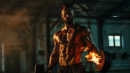 Shirtless bodybuilder with burning dumbbell.