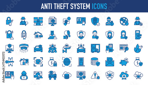 Anti theft system icons set. Such as hack, terrorist, password, detective, security room, malware, intercom, identity protection, alarm, lock, emergence, footsteps, cloud, cyber and more vector icon