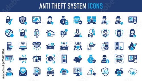 Anti theft system icons set. Such as hack, terrorist, password, detective, security room, malware, intercom, identity protection, alarm, lock, emergence, footsteps, cloud, cyber and more vector icon