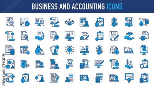 Business and accounting icon set. Containing financial statement, accountant, financial audit, invoice, tax calculator, business firm, tax return, income and balance sheet icons. Vector illustration.