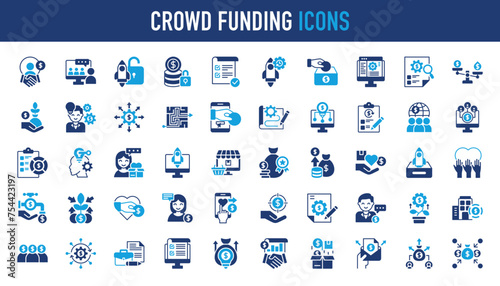 Crowdfunding icon set. Donation and charity icons. Such as innovation, business plan, investment, launch, funding, investor, business startup symbol illustration. Solid vector icon collection. 