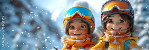 A cheerful 3D cartoon render of smiling kids having fun on a ski trip.