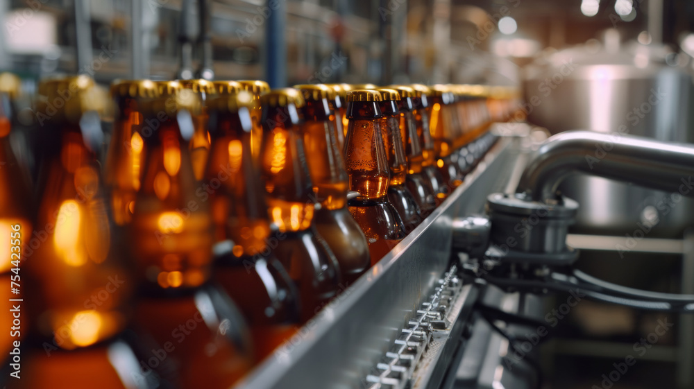 Detailed shot of a bustling beer bottling production line in a brewery. Detailed shot of a bustling beer bottling production line in a brewery.