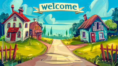 Vibrant and colorful cartoon of a welcoming village with charming houses and a welcome sign