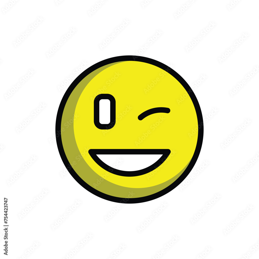 Blinking with Smile Emoticon funny yellow emoticon, Editable vector stroke template
