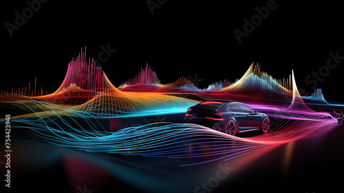 Car audio installation service concept with auto vehicle surrounded by music and sound waves equalizer