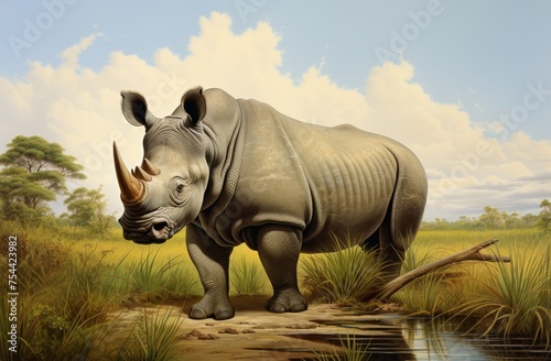 rhino in the long grass beside the water