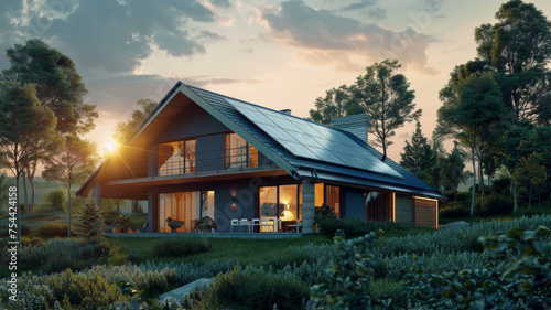 Sustainable living represented by eco-friendly house at sunset.