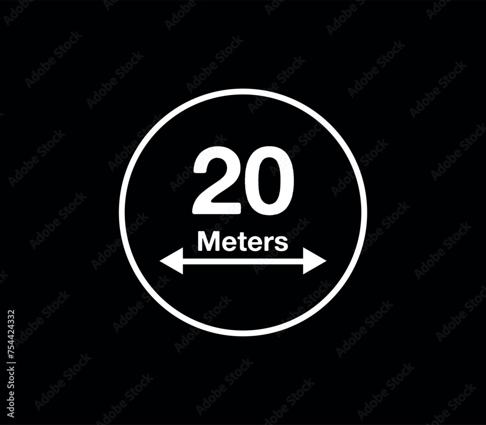 20 Meters distance icon. Vector measurement in meters, white circle isolated on black background 20 Meters distance icon. Vector measurement in meters, white circle isolated on black background