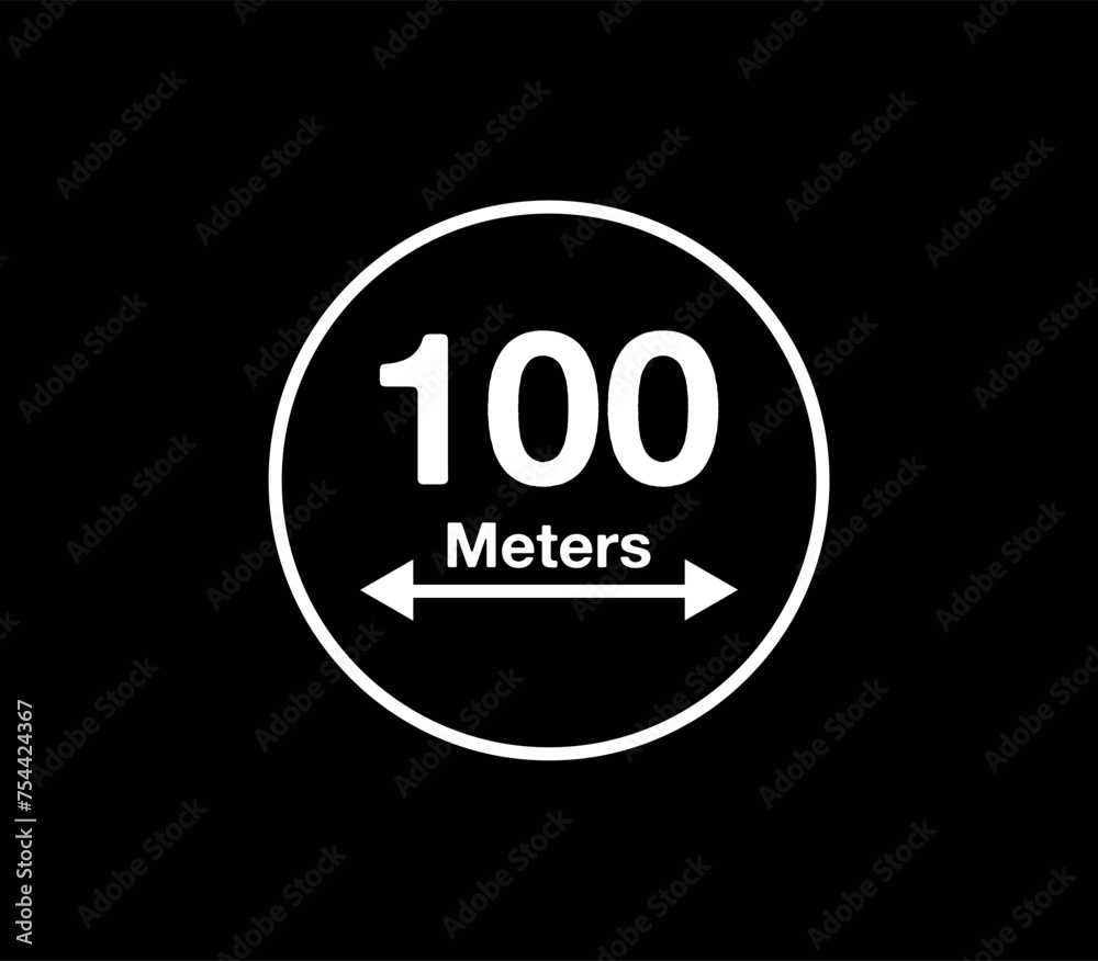 100 Meters distance icon. Vector measurement in meters, white circle isolated on black background