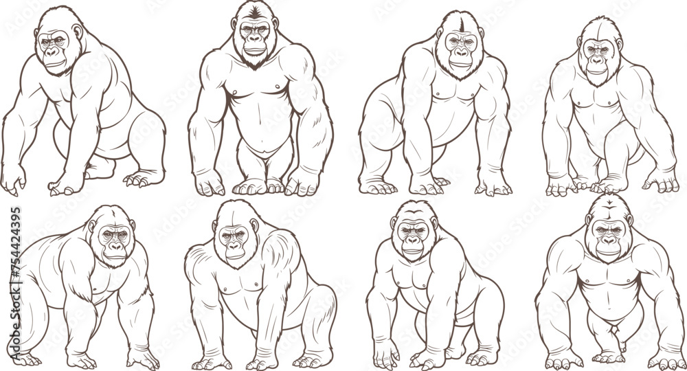 Gorilla hand drawn coloring page and outline vector design