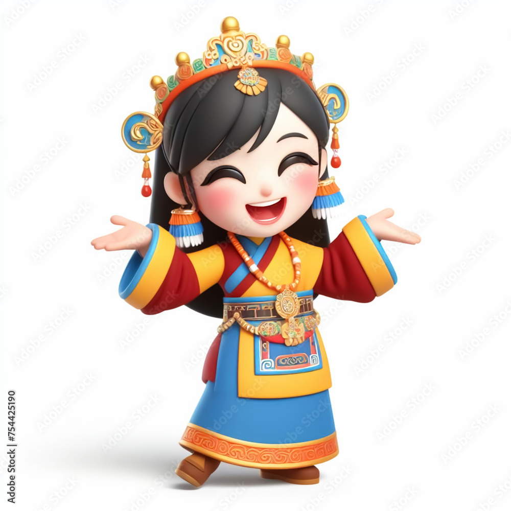 3D funny cute Tibetan girl cartoon. Culture and tradition. AI generated 3D funny cute Tibetan girl cartoon. Culture and tradition. AI generated