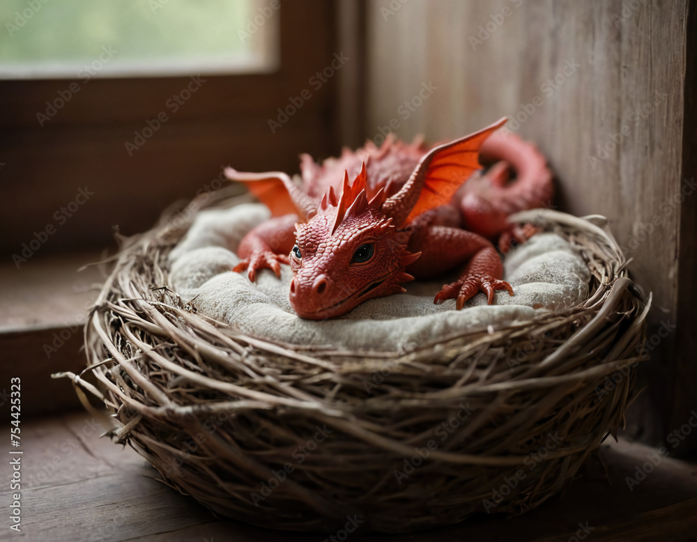 Ai Illustration Of A Baby Dragon Lying In A Bed Made Of Small Twigs