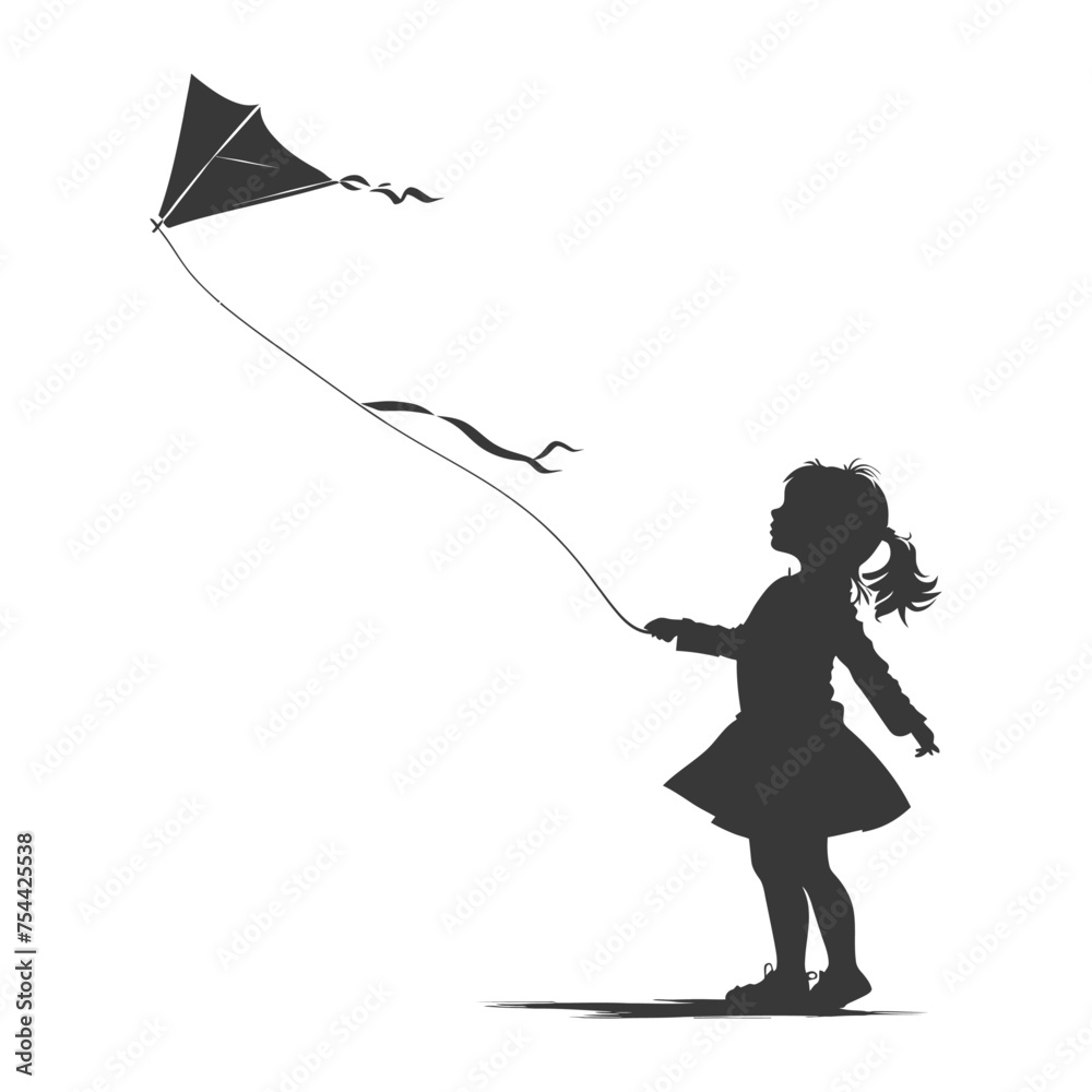 Fototapeta premium Silhouette little girl playing kite black color only