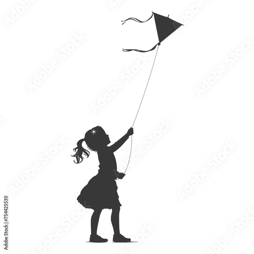 Silhouette little girl playing kite black color only