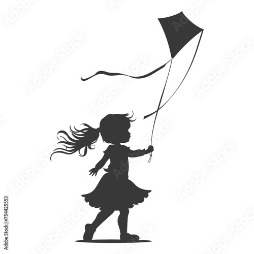 Silhouette little girl playing kite black color only